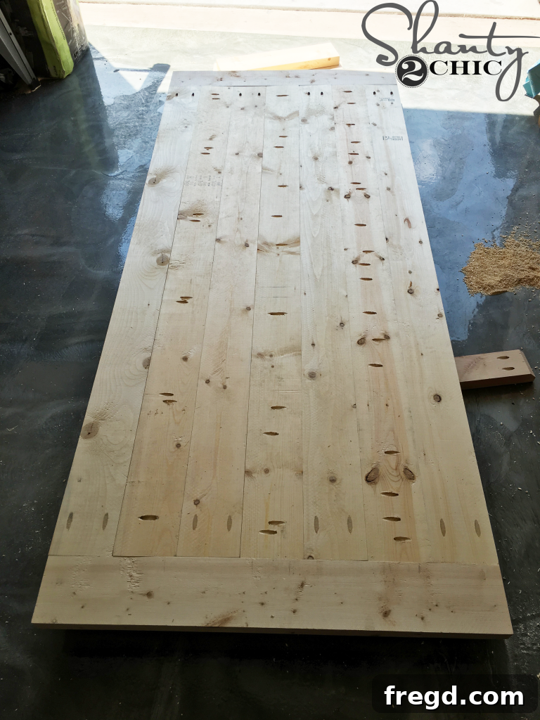Planked Top Assembled: The completed table top with planks joined and ready for breadboards.