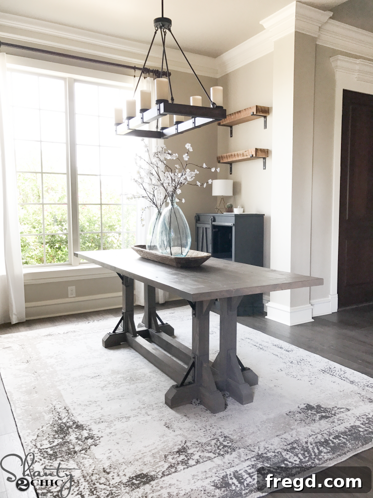 DIY Industrial Corbel Farmhouse Table: Showcasing the unique wood and metal details.