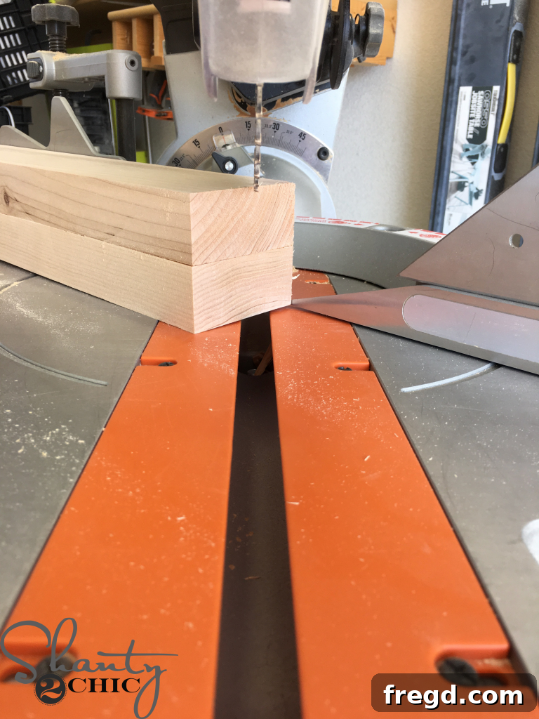 Making the Cuts for the Legs with a miter saw, following exact plan dimensions.