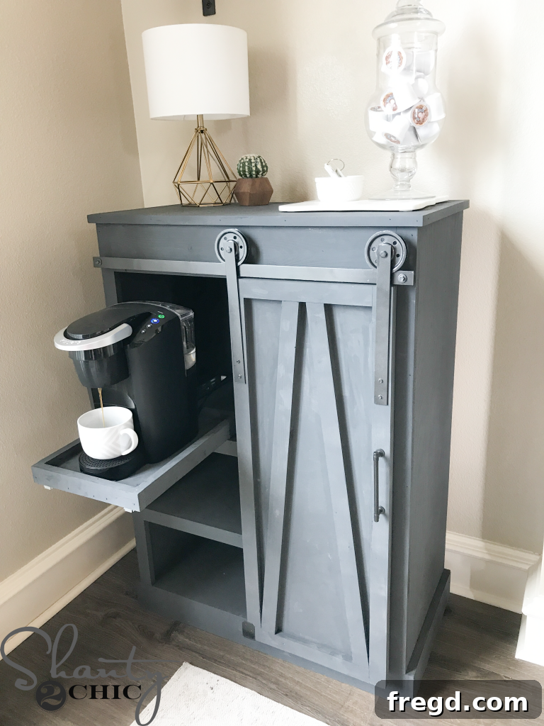 Rustic Coffee Station with Sliding Door 27 Keurig K-Compact in cabinet
