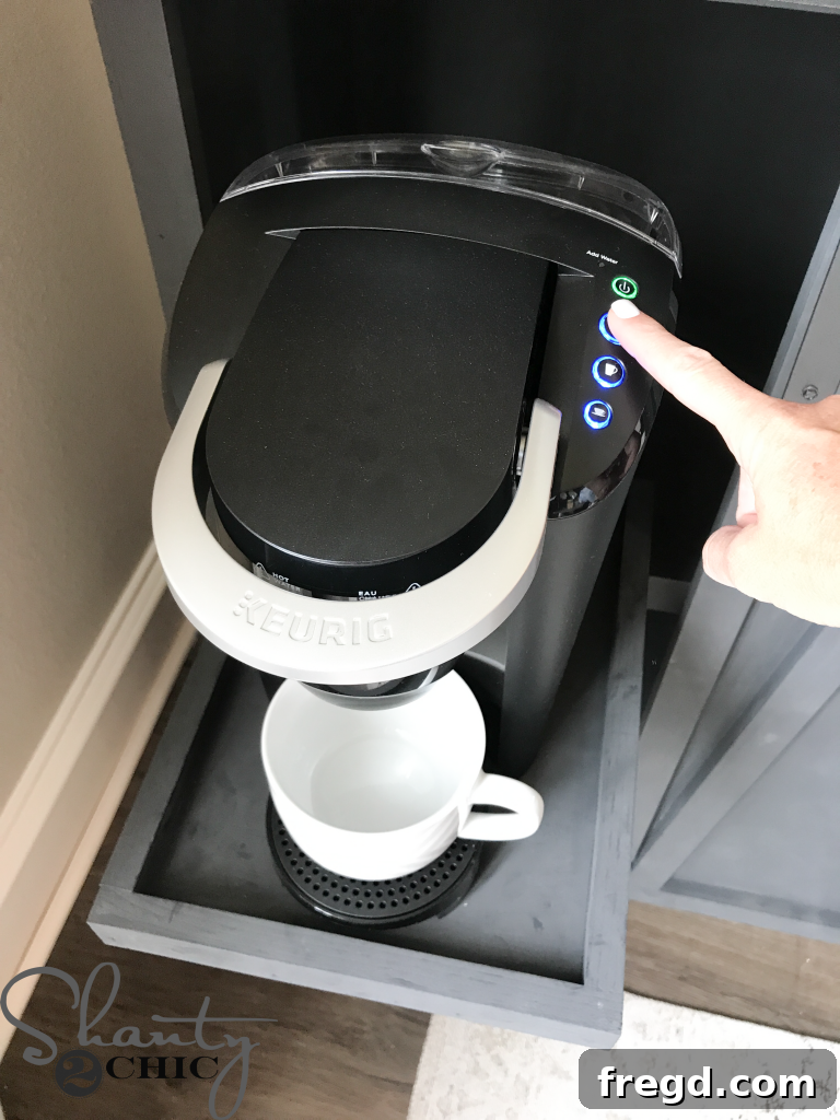 Rustic Coffee Station with Sliding Door 29 Keurig brewing coffee