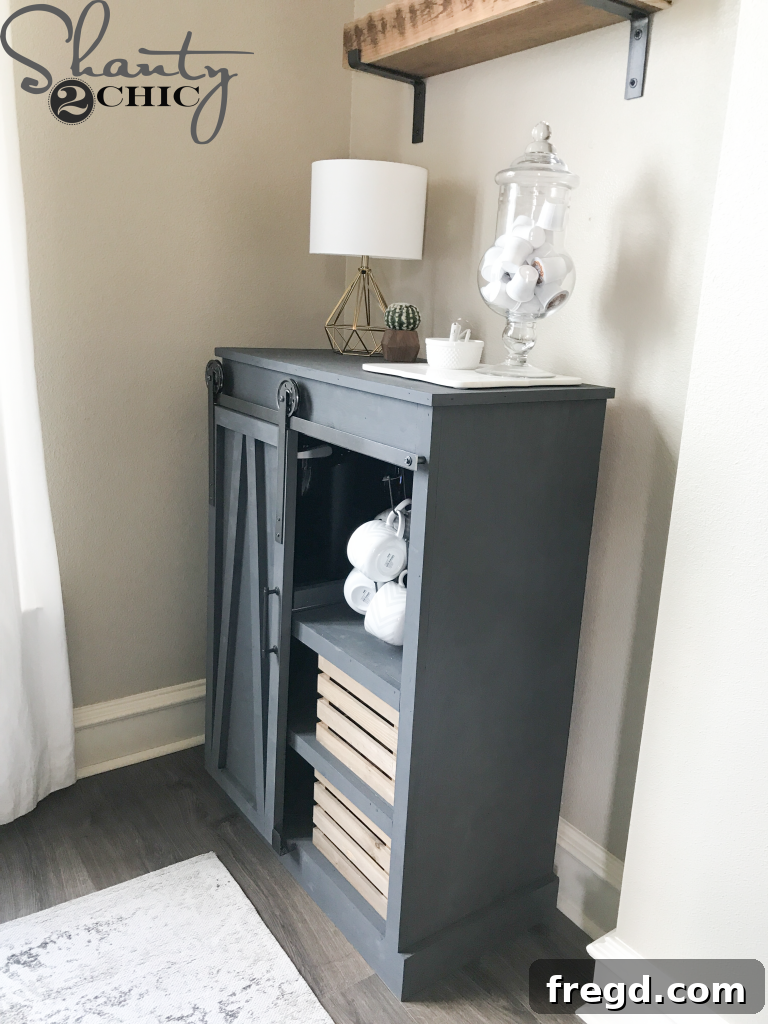 Rustic Coffee Station with Sliding Door 33 DIY Barn Door Coffee Cabinet with door closed