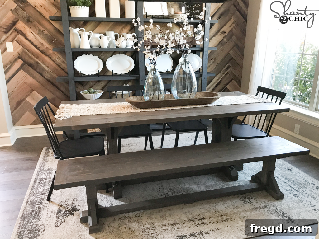 Final reveal of the stained DIY Industrial Corbel Dining Bench