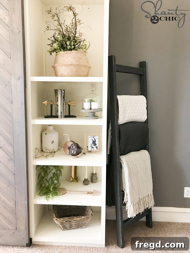 Rustic blanket ladder holding throw blankets in a living room
