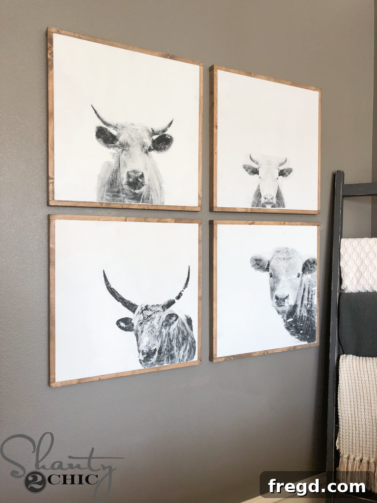 Completed DIY Cow Print showcasing farmhouse style in a home setting