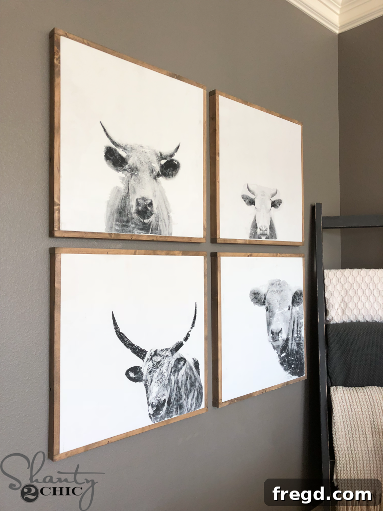 Another view of the DIY cow print artwork enhancing a cozy home decor setting