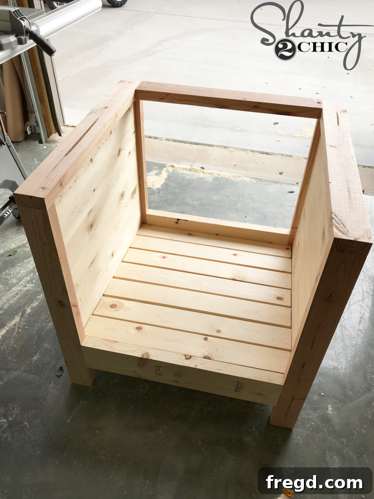 Build Your Own Rustic Farmhouse Chair 15 DIY Farmhouse Club Chair - Seat Slats Installation