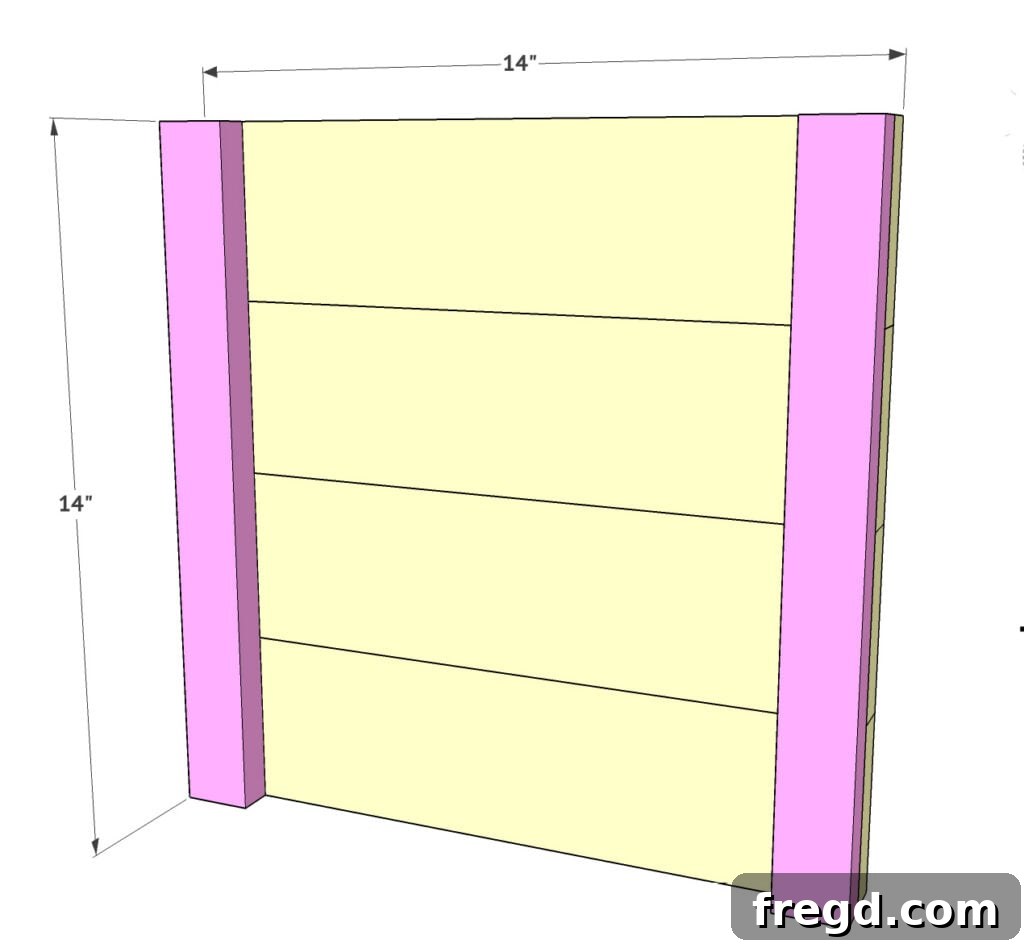 Two side panels for the farmhouse porch planter being assembled with 1x4s and 1x2s, showing the attachment of horizontal cleats.