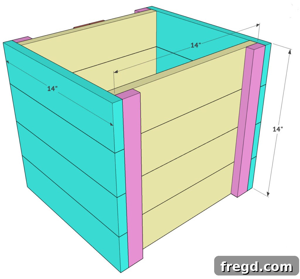 Completing the planter frame assembly by attaching the final long side panel, forming a complete box.