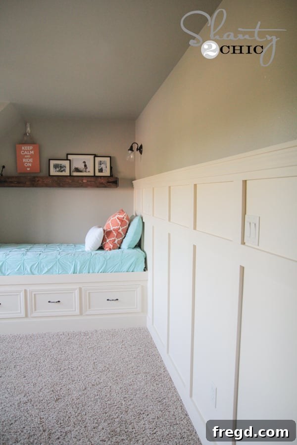 Wall Treatment Deep Dive Video Q&A 2 Stunning example of a finished DIY plank wall, showcasing smooth white painted planks for a clean and modern farmhouse aesthetic, inspiring your next home project.