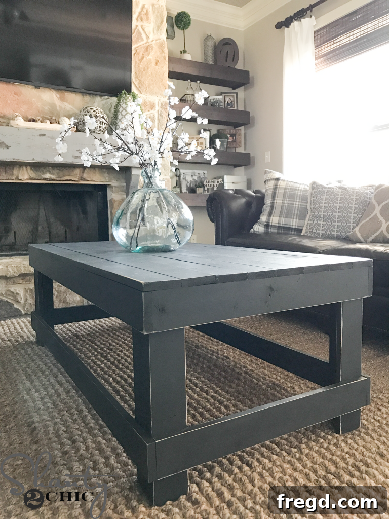 Finished DIY coffee table 'Table for Two' styled in a modern living room