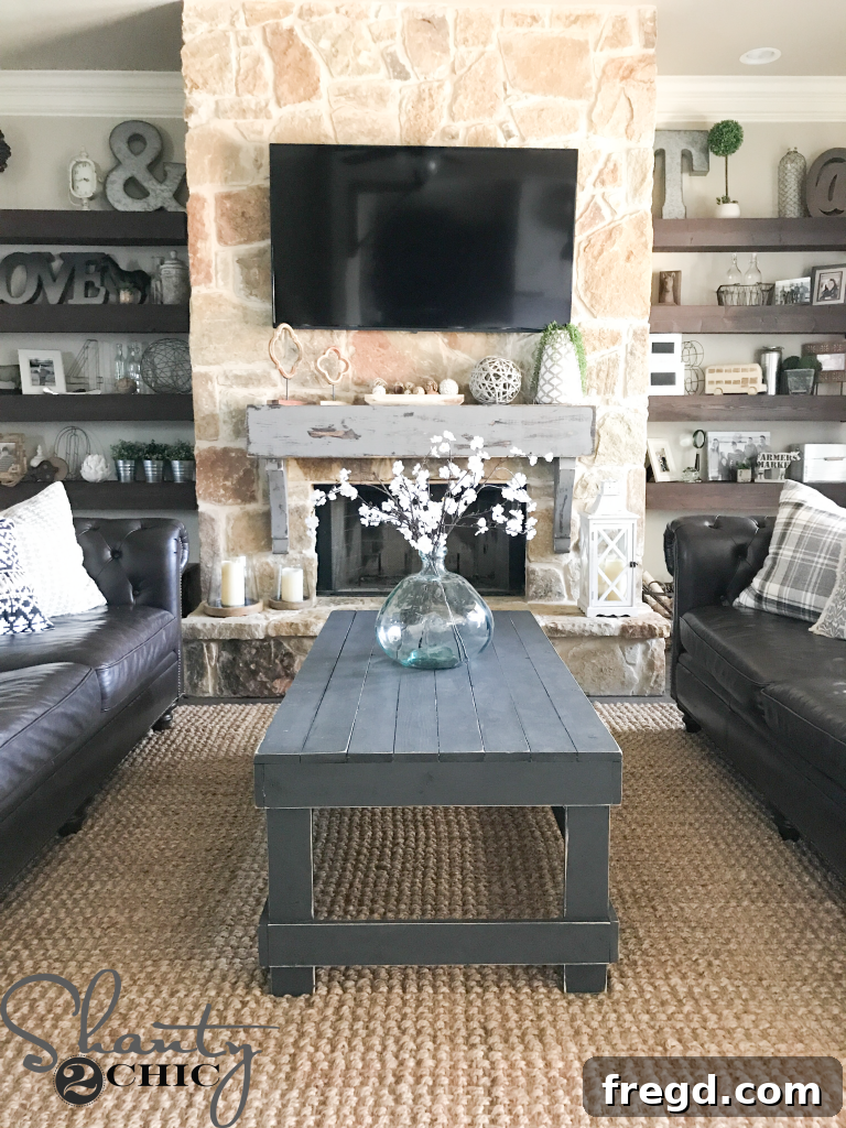 Section of living room showcasing DIY floating shelves and elegant wall art