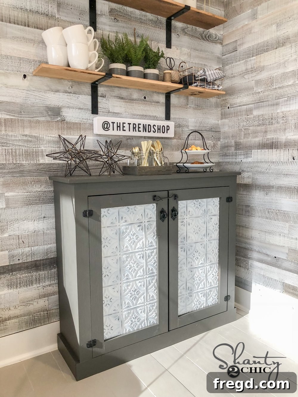 Finished DIY Tin Door Cabinet with decorative hardware from Hobby Lobby