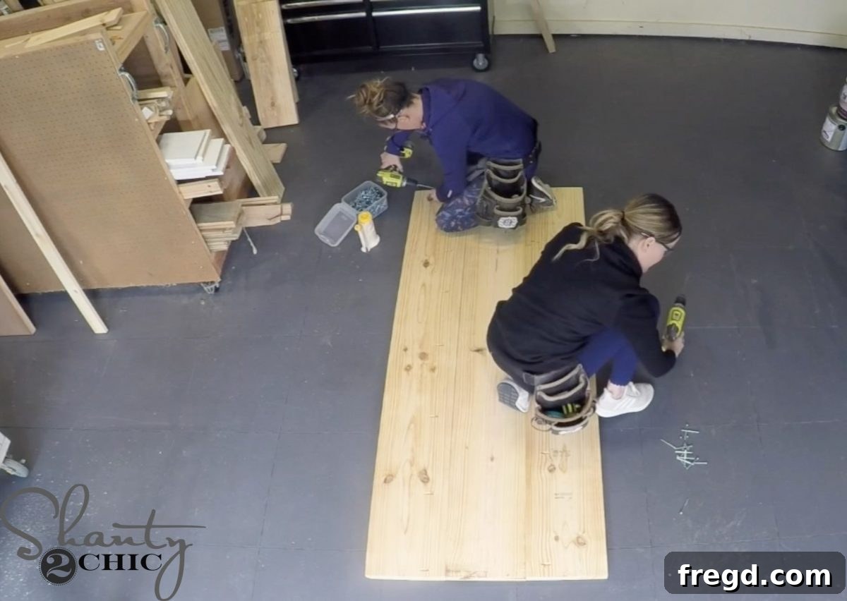Create Your Farmhouse Dining Table and Pew Bench Free Guide 5 Planking the table top for DIY farmhouse project