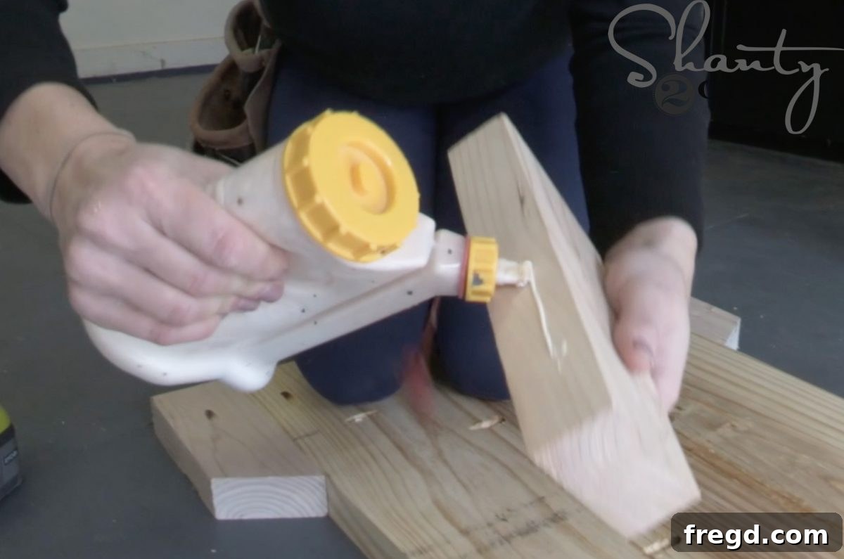 Create Your Farmhouse Dining Table and Pew Bench Free Guide 7 Applying wood glue to trim pieces