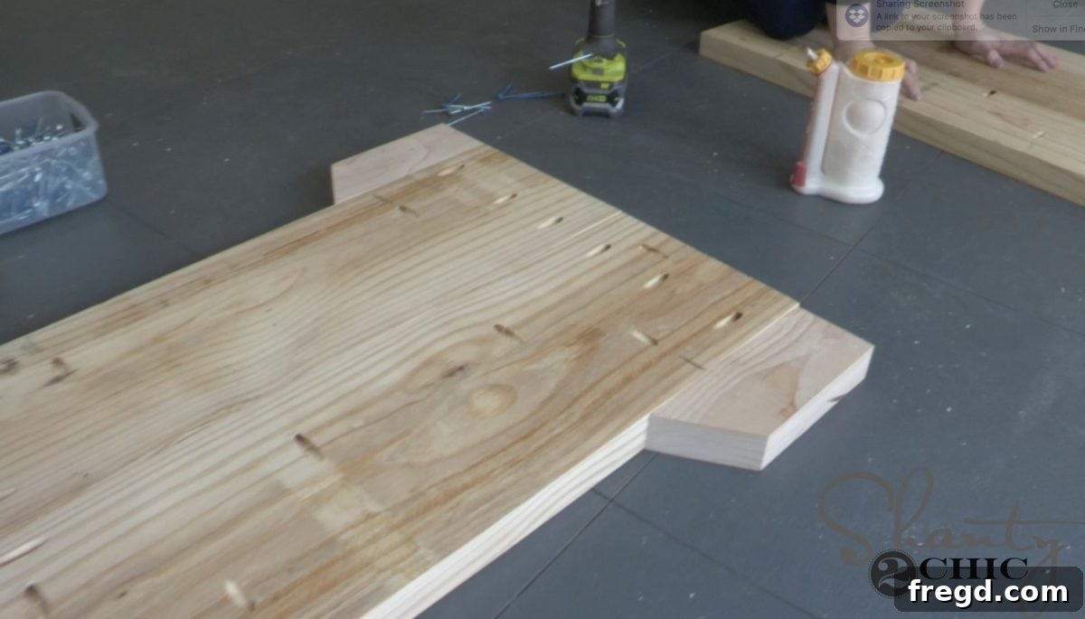 Create Your Farmhouse Dining Table and Pew Bench Free Guide 8 Attaching trim to leg base of DIY table
