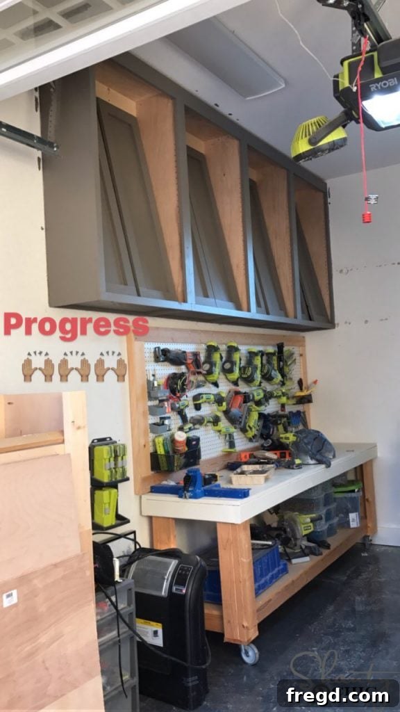 Multiple DIY cabinets installed securely with cleat support