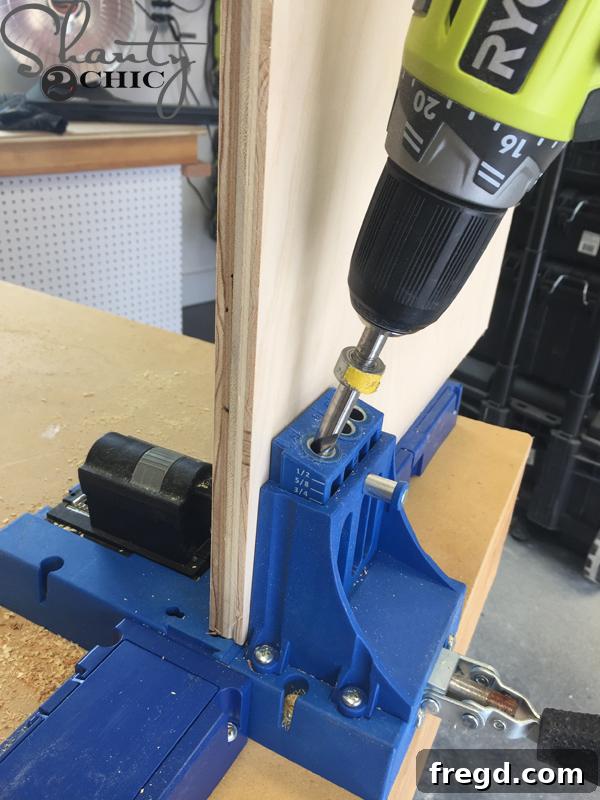 Shelf pin holes drilled on both interior sides of cabinet panel
