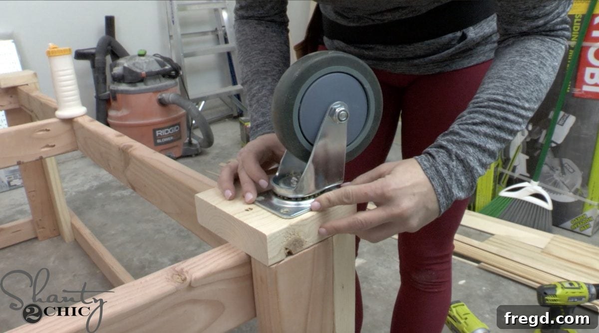 Crafting Your Ultimate Workspace 8 Installing locking swivel casters on the workbench