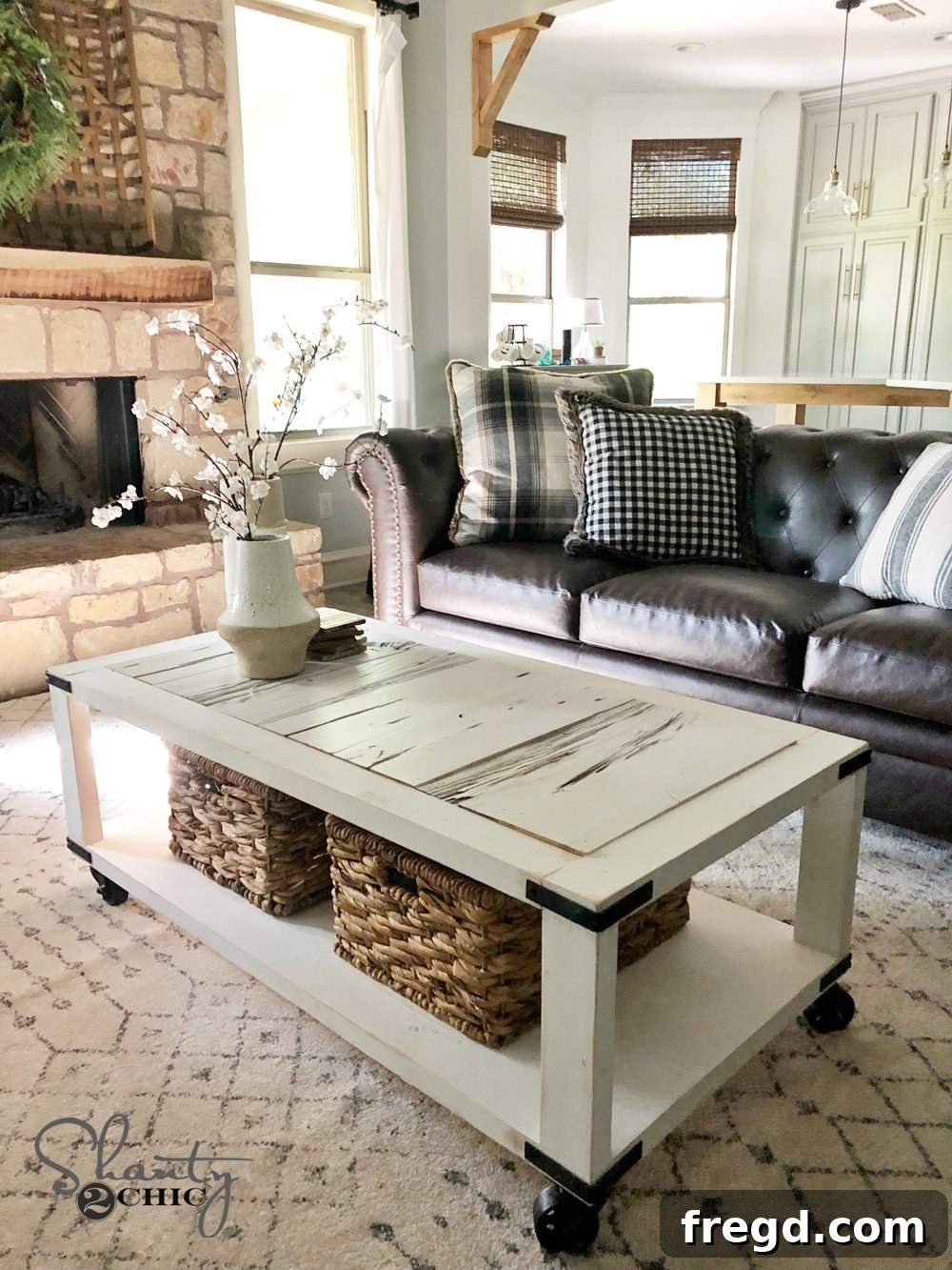 DIY Reclaimed Barn Wood Rolling Coffee Table 2 Completed DIY Barn Wood Cart Coffee Table, showcasing rustic charm and industrial casters. The table features a lower shelf for storage and a beautiful barn wood top.