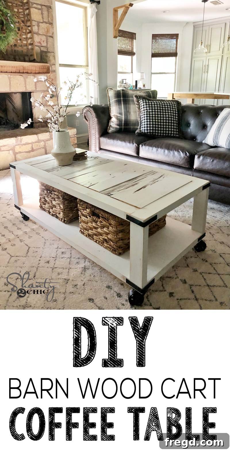 DIY Reclaimed Barn Wood Rolling Coffee Table 11 Overhead shot of the DIY Barn Wood Cart Coffee Table, showcasing its sturdy construction, spacious top, and functional design from a top-down perspective.
