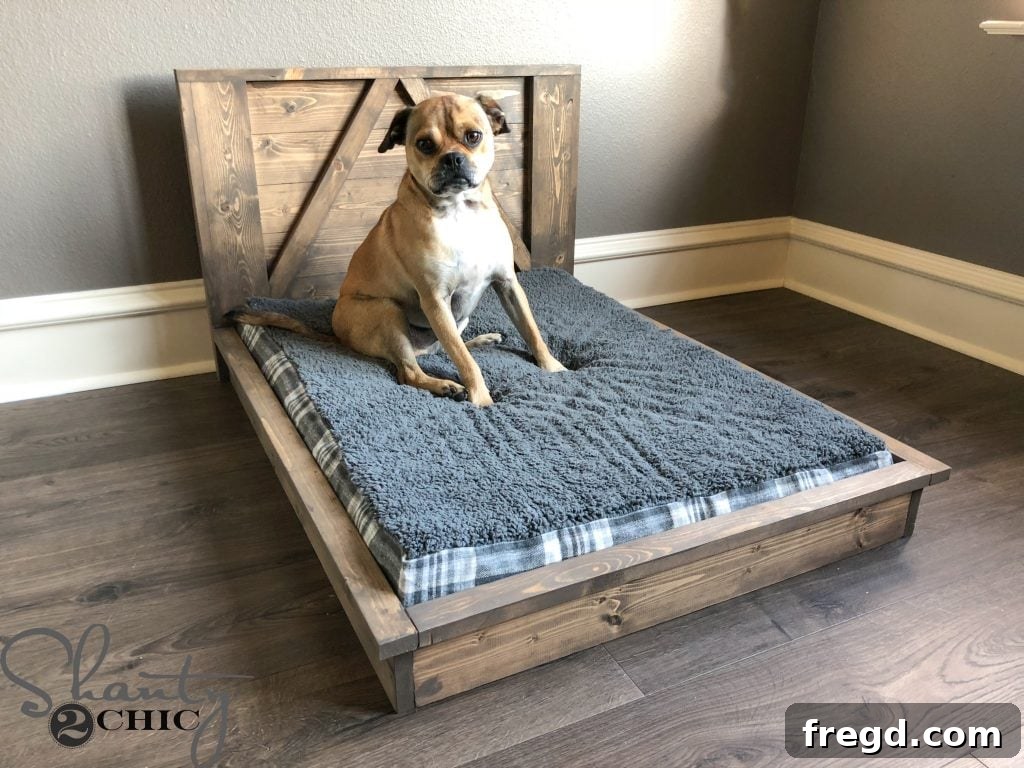 Happy dog enjoying his new custom DIY Farmhouse Dog Bed