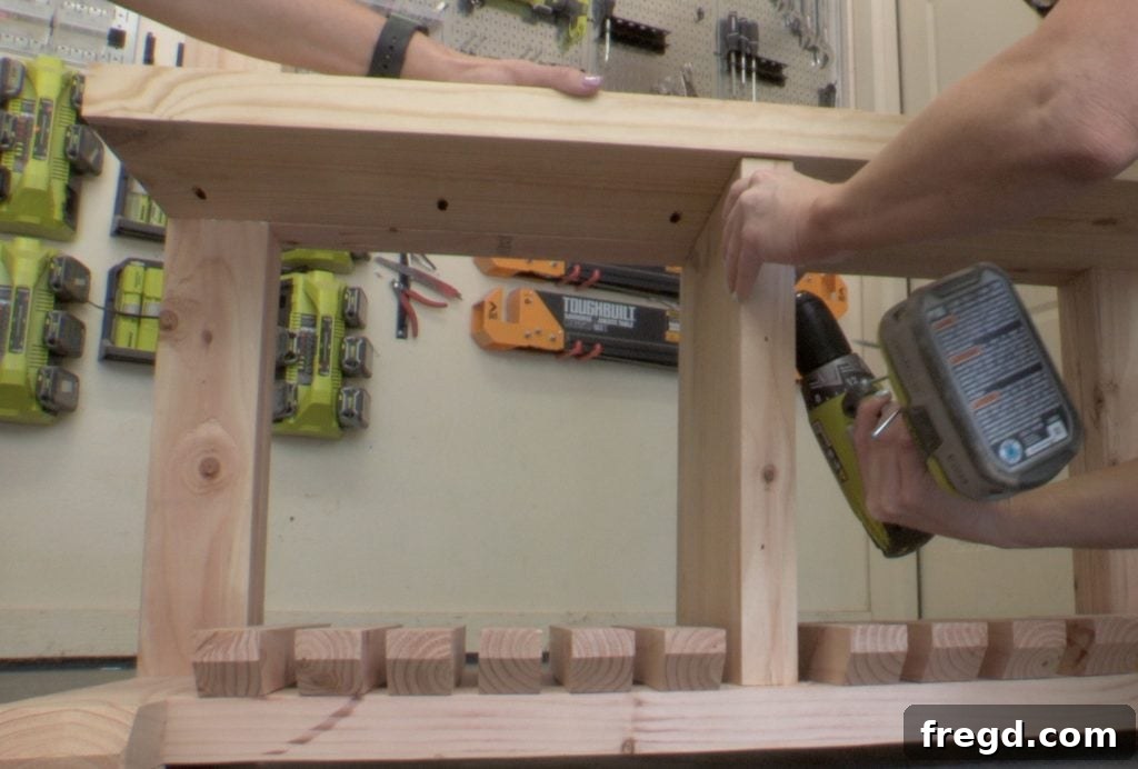 DIY Modern Farmhouse Entryway Organizer 13 Assembling the hall tree seat components