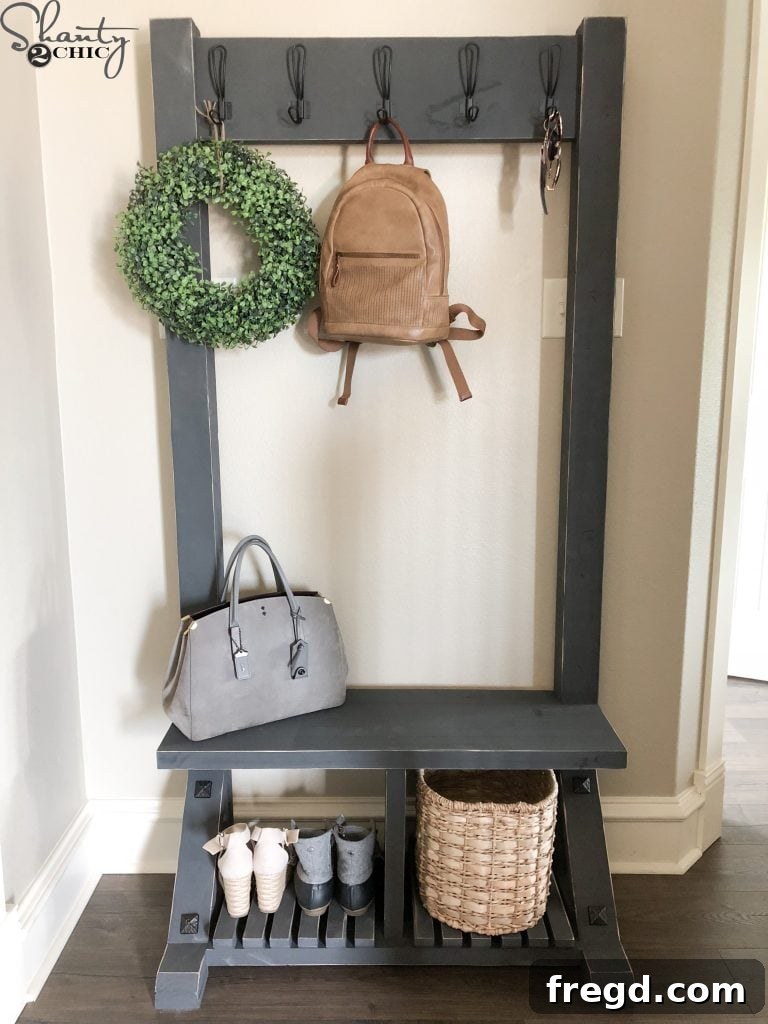 DIY Modern Farmhouse Entryway Organizer 17 DIY Modern Farmhouse Hall Tree with hooks and decorative elements