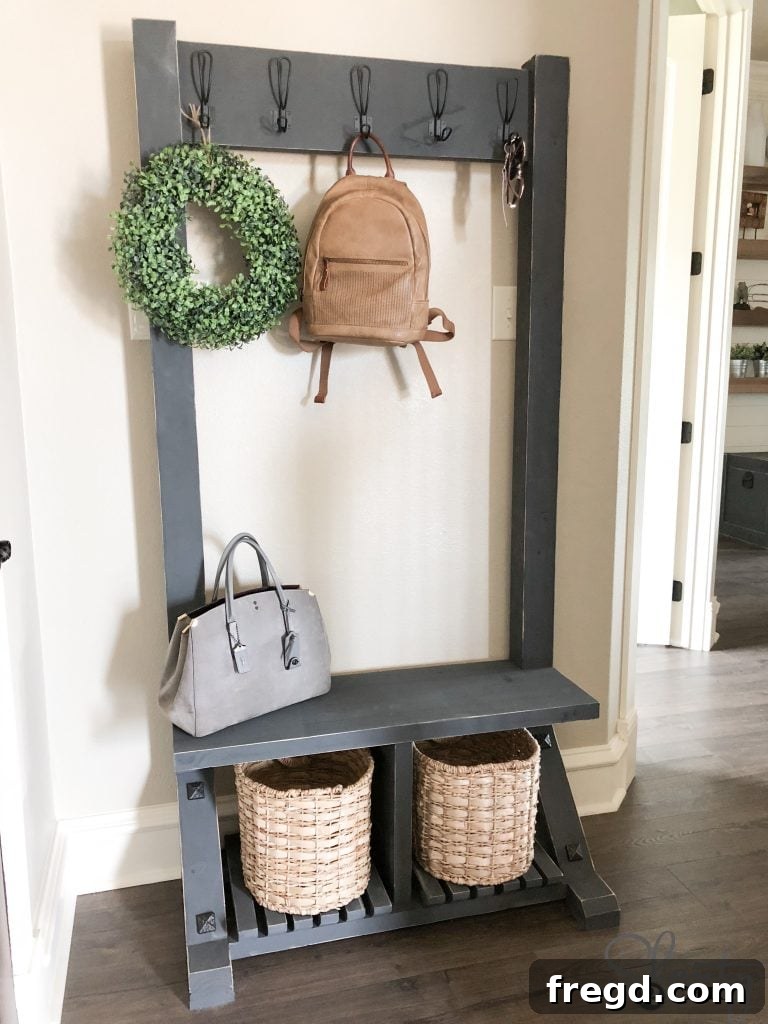 DIY Modern Farmhouse Entryway Organizer 18 DIY Modern Farmhouse Hall Tree in a finished state