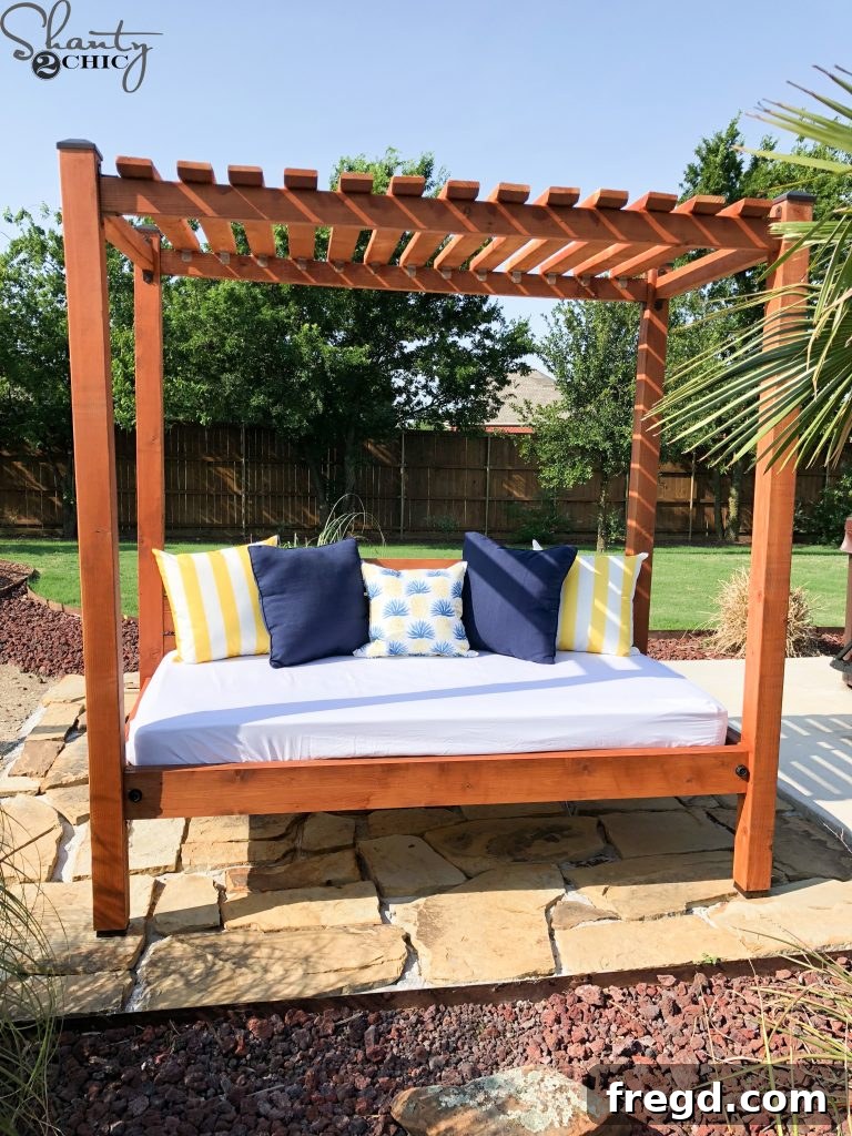 The outdoor day bed with a rich, protective spray stain and seal finish
