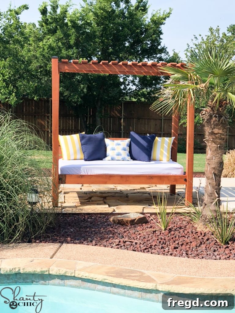 Full view of the DIY outdoor day bed with optional pergola top, ready for relaxation