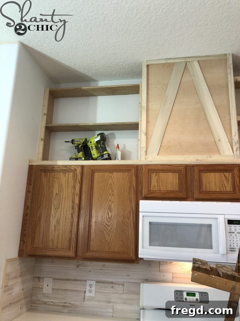 Installing the completed open cabinet boxes and face frames