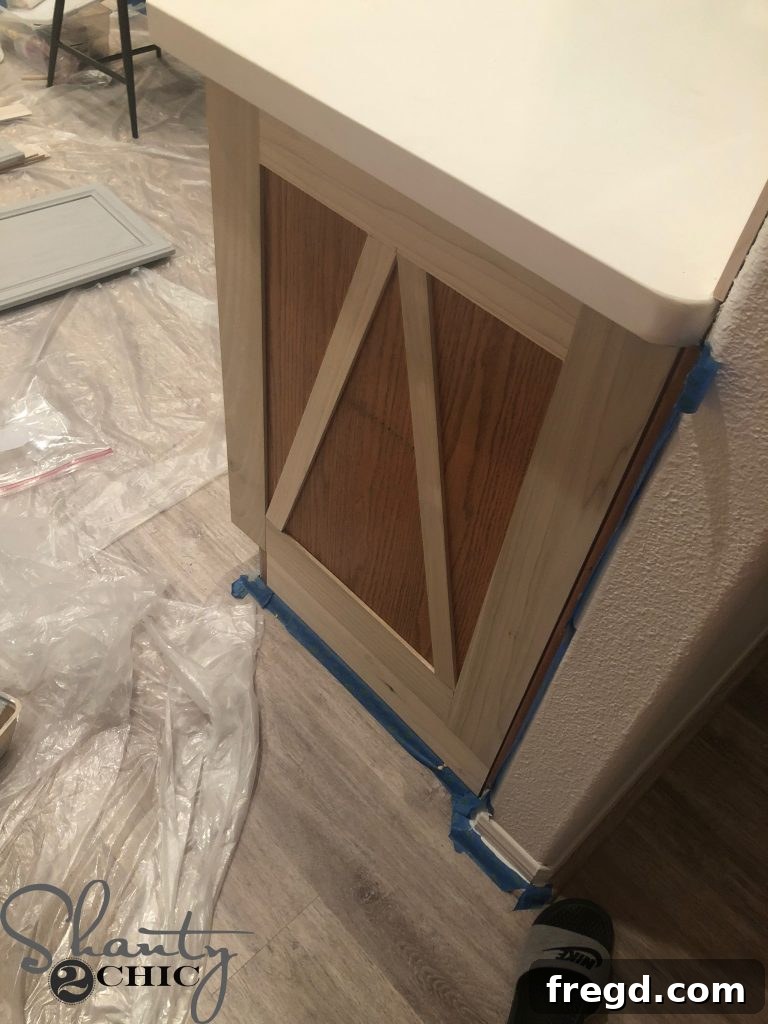 Applying diagonal craft boards with precision to achieve a custom cabinet look