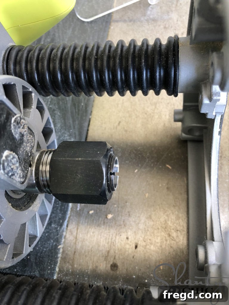 Illustration of the proper technique for inserting the router bit into the collet