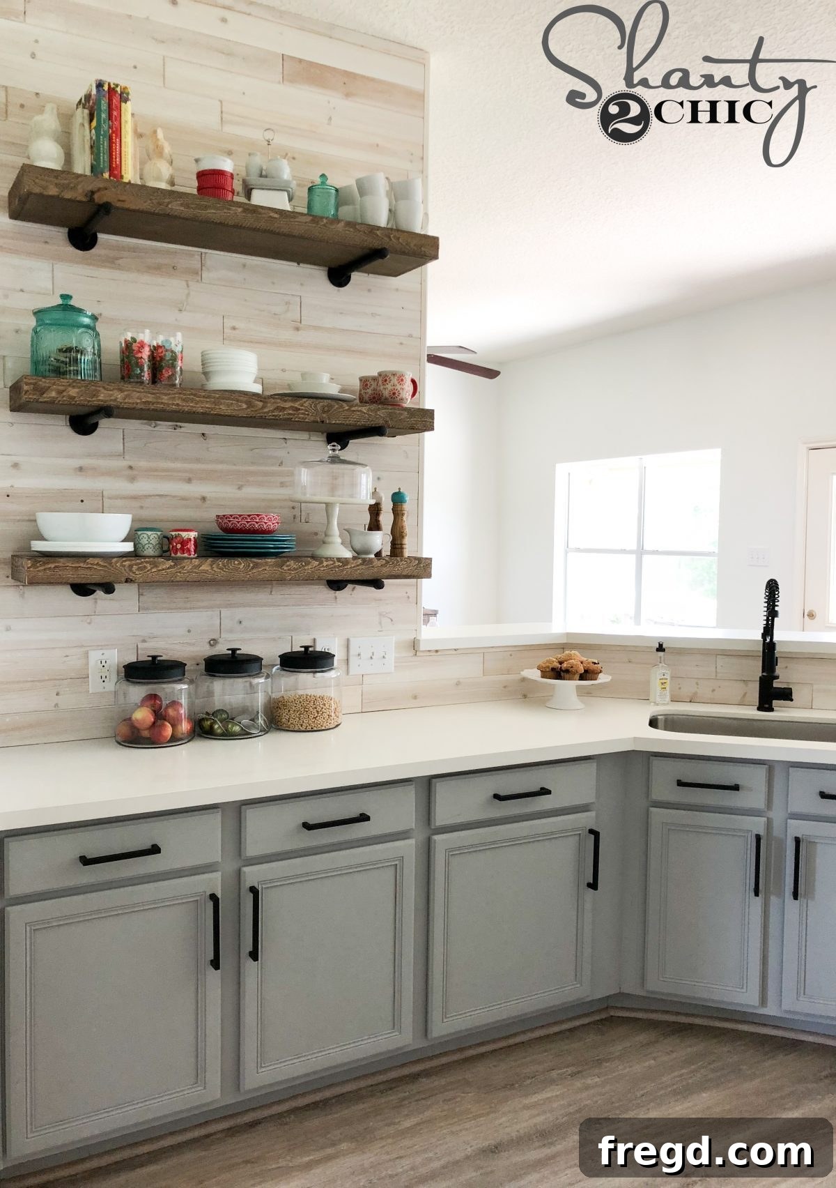 Kitchen styled with DIY floating shelves