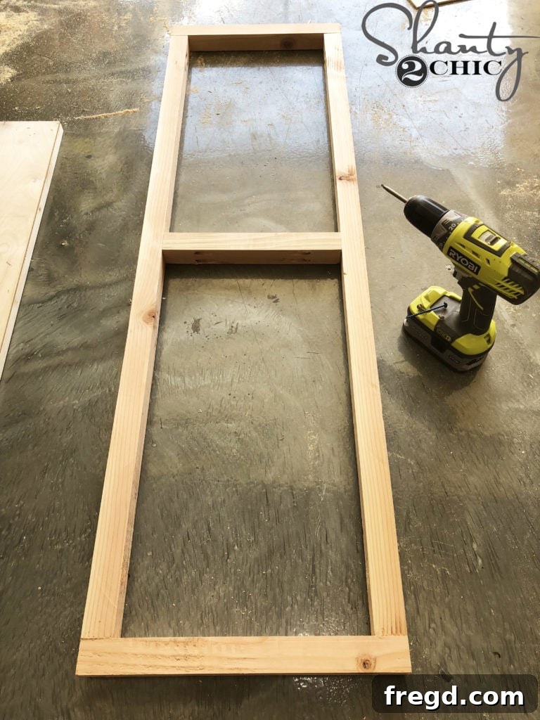 Assembling the ladder frame with pocket hole screws and wood glue for strong joints