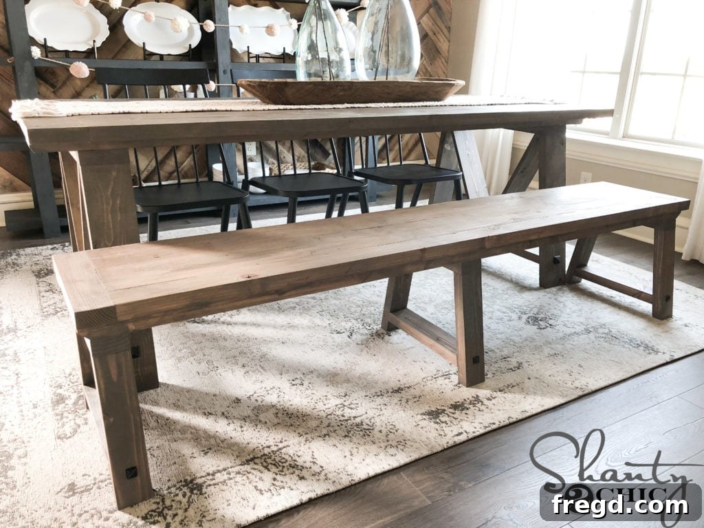 Full view of the DIY Fancy V Dining Bench, ready for family gatherings