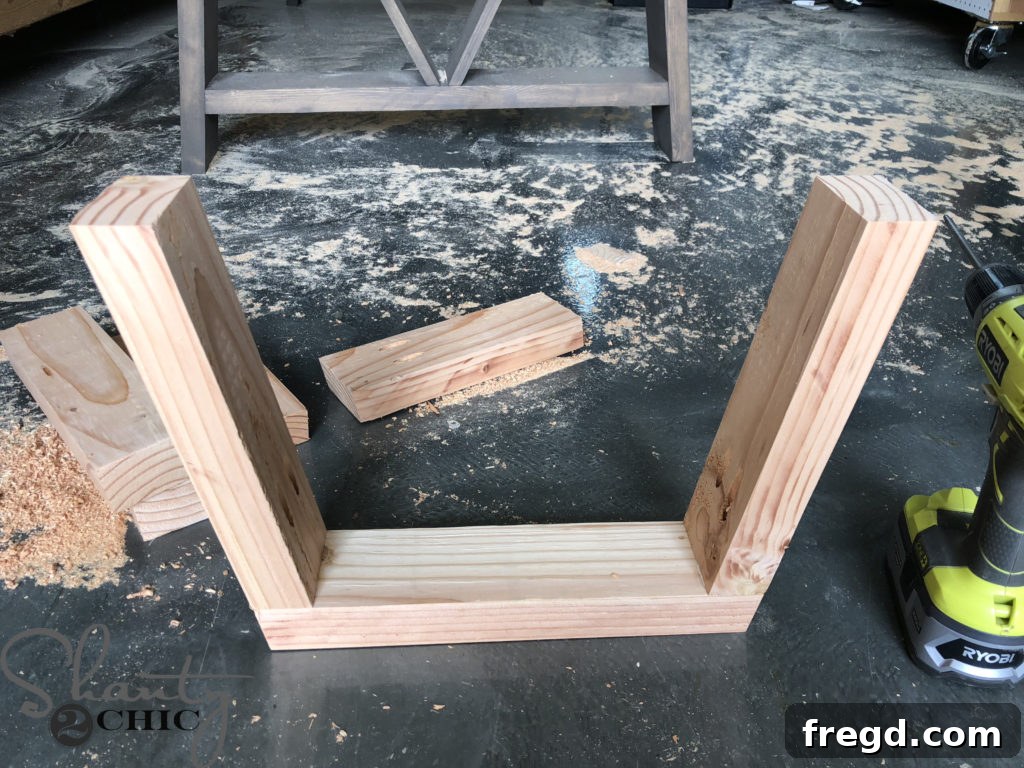 Completed individual leg base assembly for the dining bench