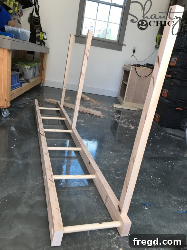 Craft Your Own Modern Farmhouse Dish Display 10 Attaching the first ladder to the cleats