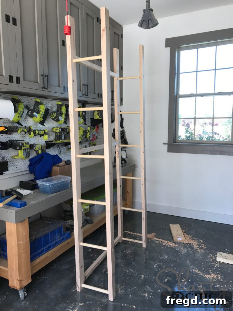 Craft Your Own Modern Farmhouse Dish Display 11 Side view of the plate rack frame with one ladder attached to cleats