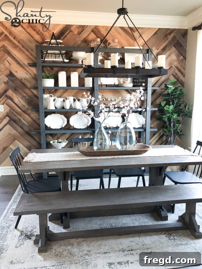 Craft Your Own Modern Farmhouse Dish Display 23 Securing a shelf to the ladder rung with a wood screw