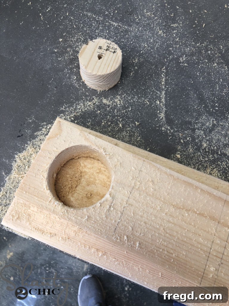 Marking and drilling 2.5-inch holes in 3.5-inch wood squares for corbel creation