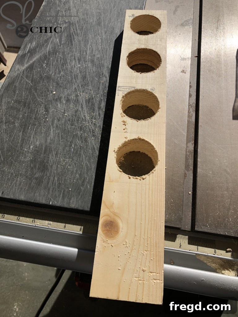 Four wood circles created with a hole saw for shaping into corbels