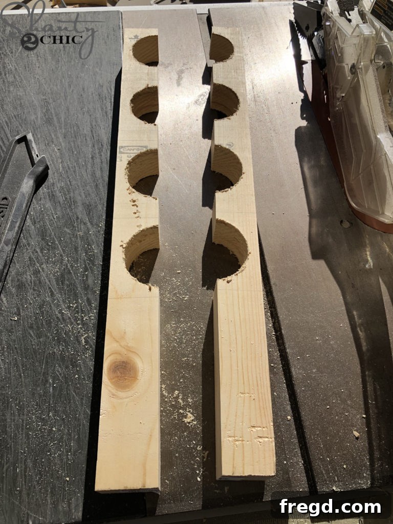 Cutting the holed wood piece to create 16 individual corbel arches