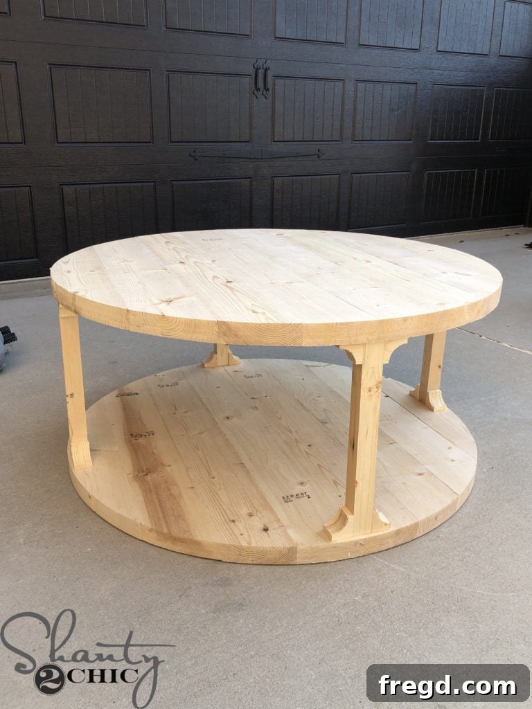 Sanding the DIY round coffee table for a smooth finish before staining