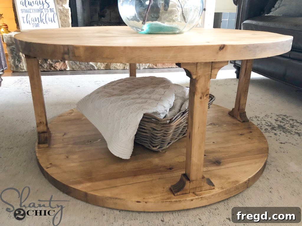 Close-up of the corbel details on the finished DIY round coffee table