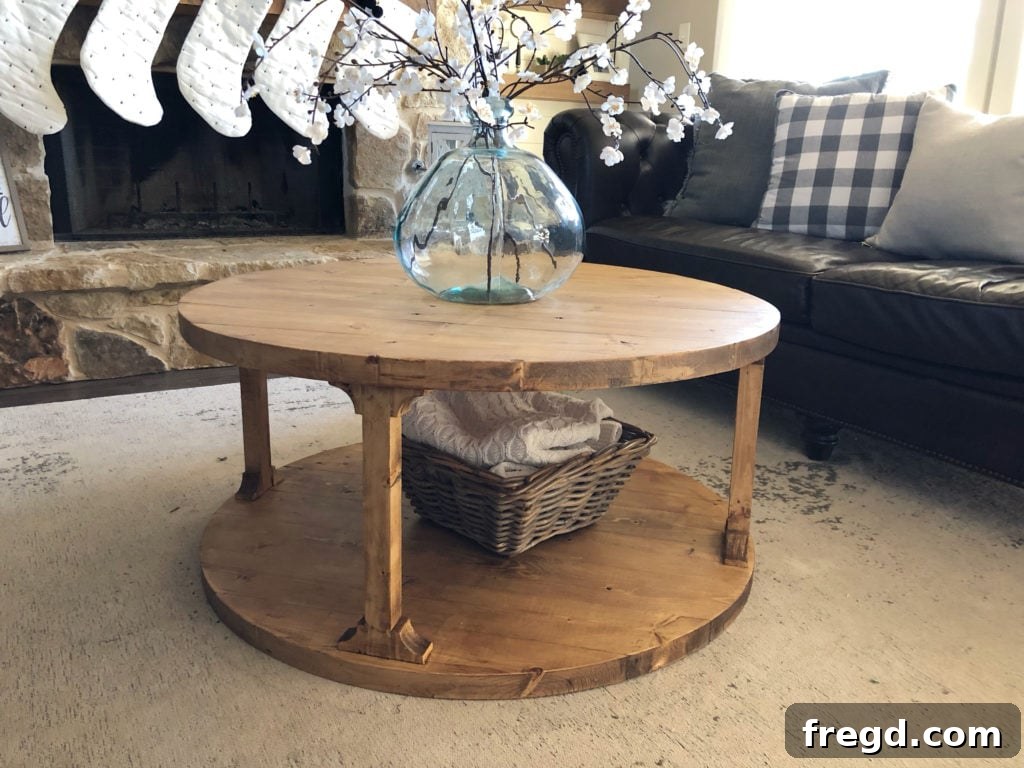 Overview of the rustic elegant DIY round coffee table in a living room setting