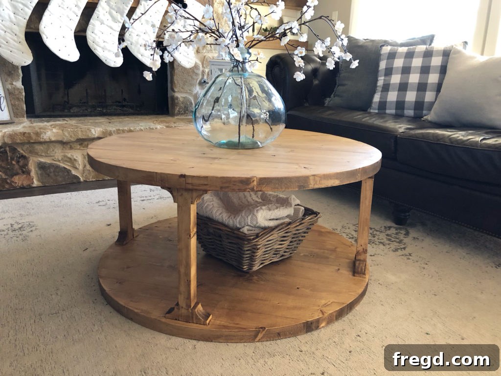 The DIY round coffee table showcasing its smooth top and sturdy base