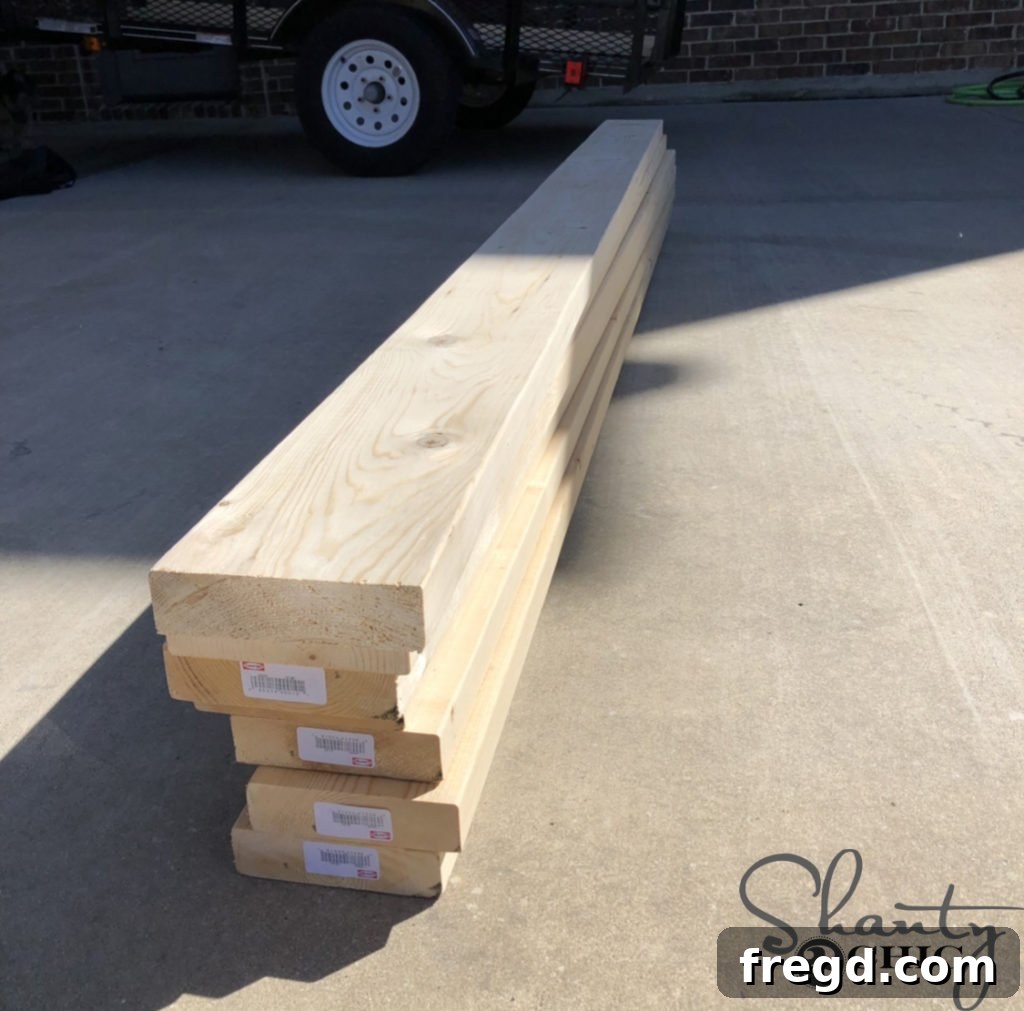 Seven 2x6 boards prepared for building a DIY round coffee table