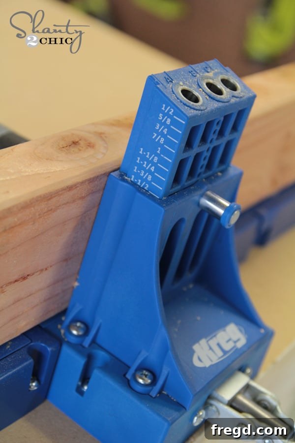 Drilling pocket holes into wood planks for a DIY coffee table top